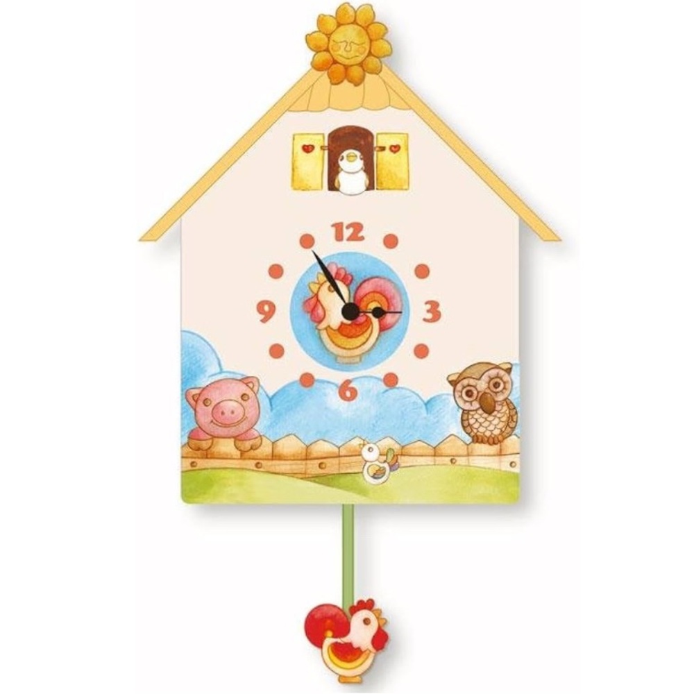 THUN NEW K2196 Wooden Pendulum Farm Animals Themed Kids’ Analogue Clock